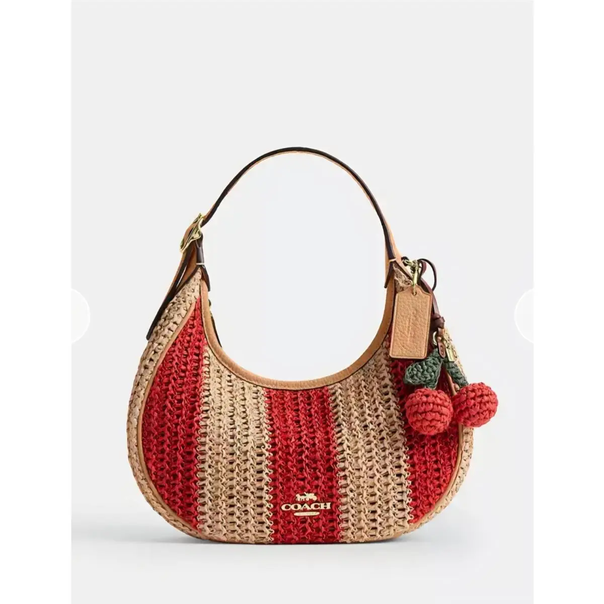 Coach Emily Shoulder Bag Straw with Stripes Charm Gold Red Tan Leather CEN03