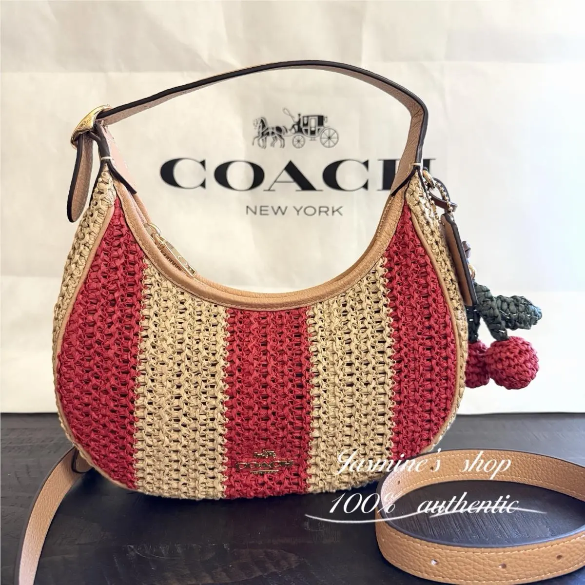 Coach Emily Shoulder Bag with Charm Gold/red/tan CEN03 Straw Leather