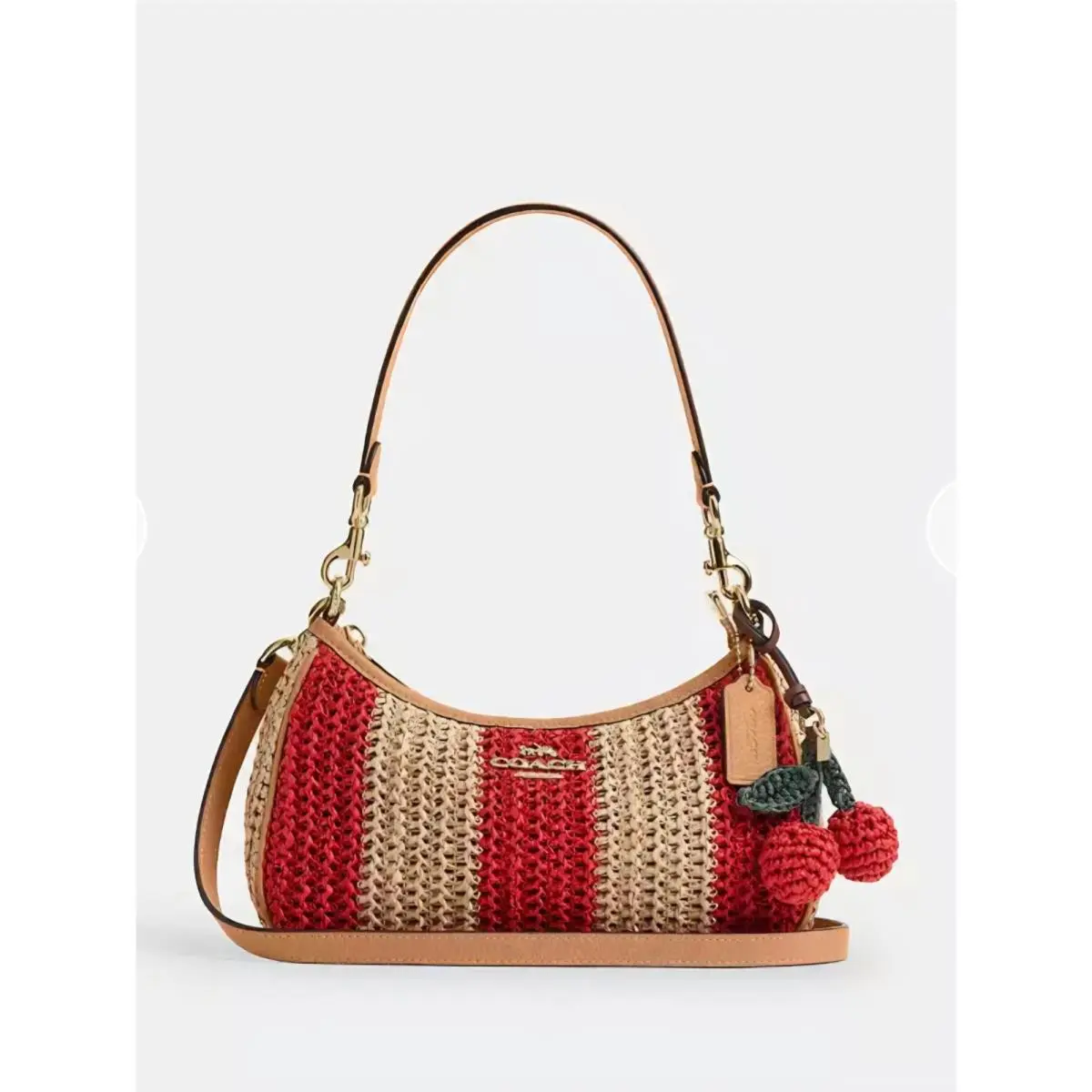 Coach Teri Straw Shoulder Bag w/ Stripes Cherries Charm Gold Red Tan CER34