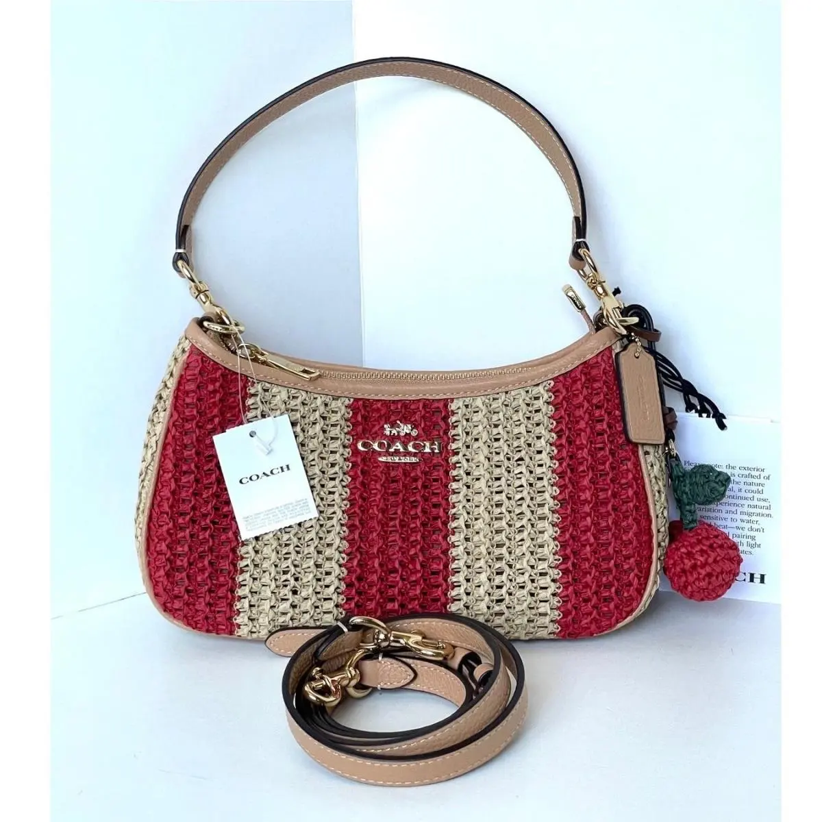 Coach Teri Shoulder Bag CER34 Red Tan Striped Straw Leather Crossbody Charm