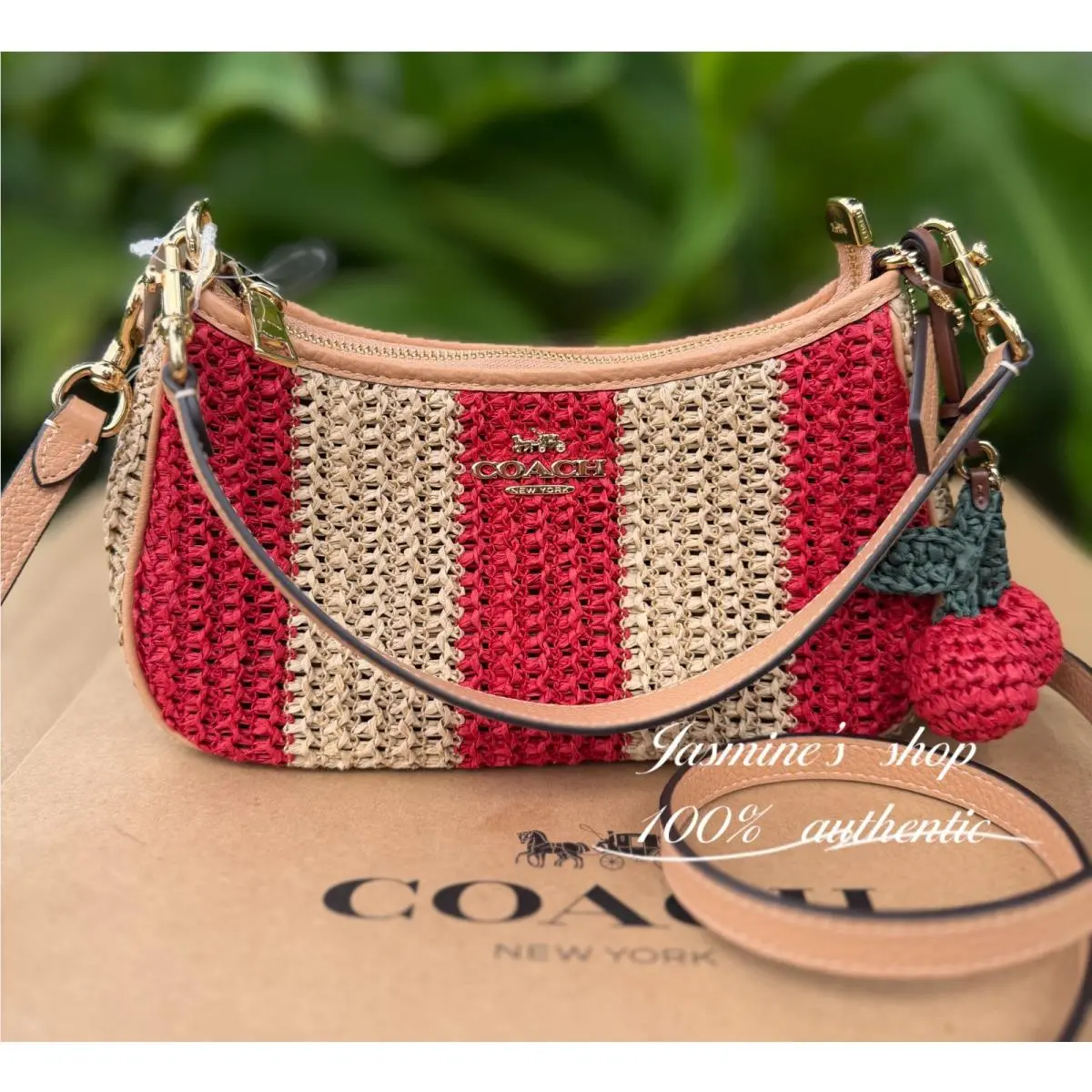 Teri Shoulder Bag with Stripes and Charm Gold/red/tan CER34 by Coach