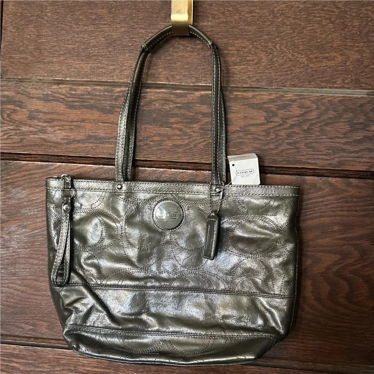 Coach Graphite Gray Signature Patent Leather Tote Bag F15142