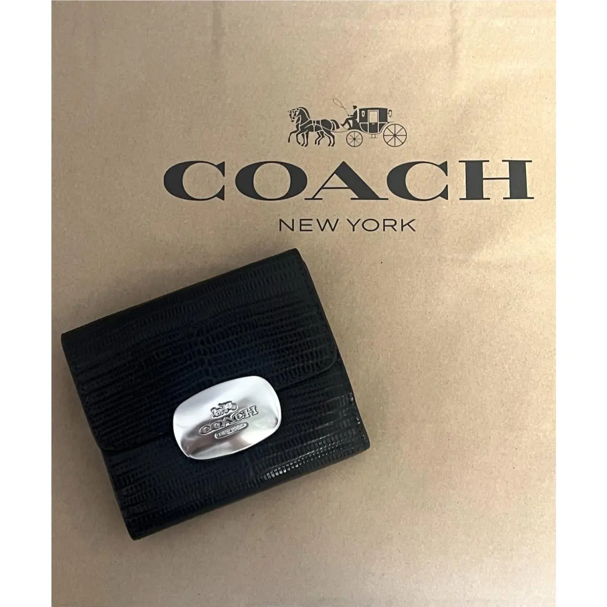 Coach Eliza Small Wallet Lizard-embossed Leathr - Black / Silver Tone Hardware