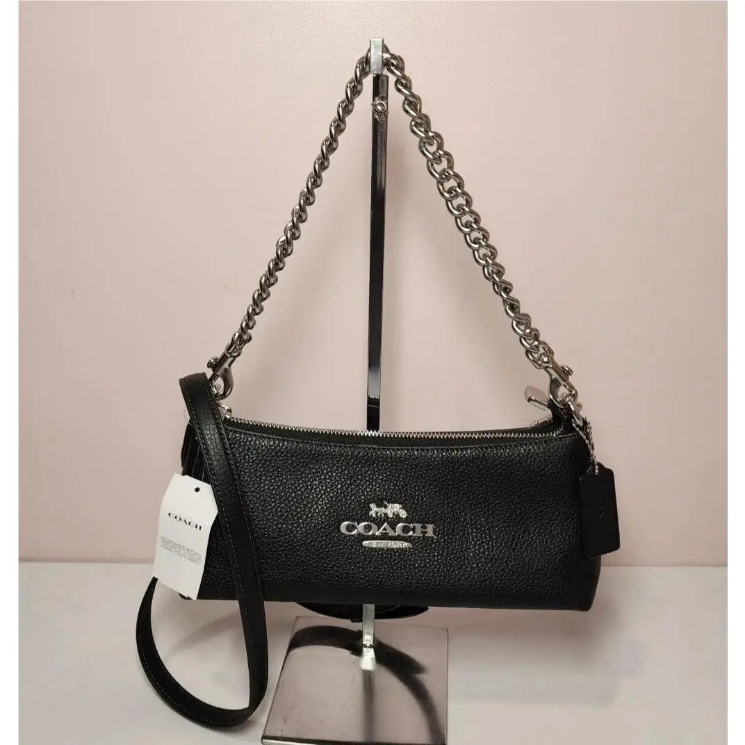 Coach Charlotte Silver Black Pebbled Leather Chain Shoulder Crossbody Bag