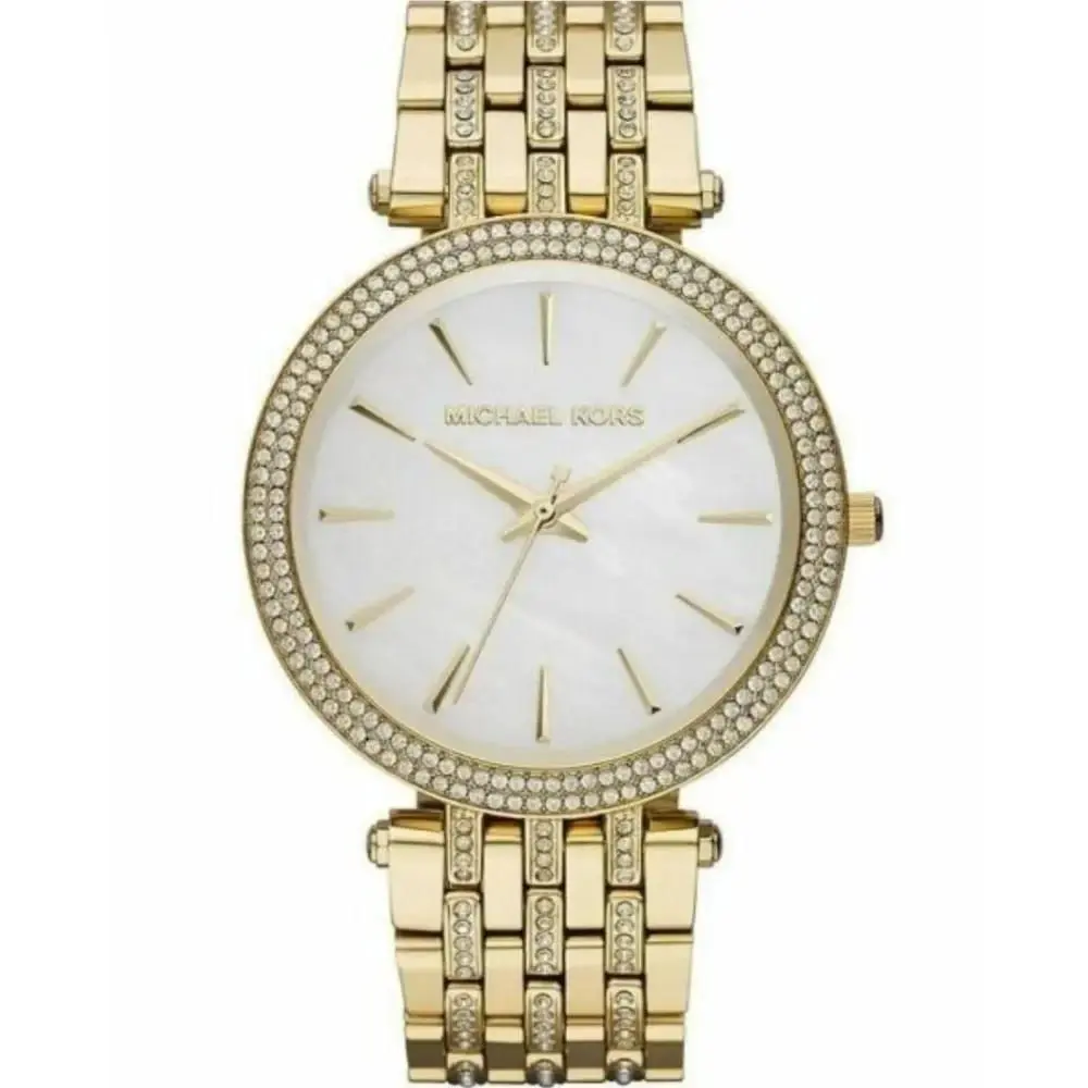 Michael Kors Darci Gold Tone Stainless Steel Glitz Midsize Mop Watch MK3219 - Dial: White, MOP WHITE, MOP, Band: Gold, Bezel: Gold