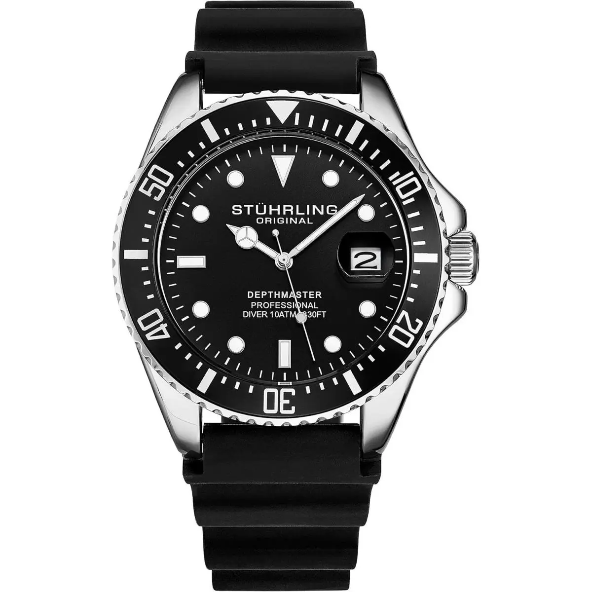 Stuhrling Mens Water Dive Watch Silver 42mm Case Screw Down Crown Rubber Strap