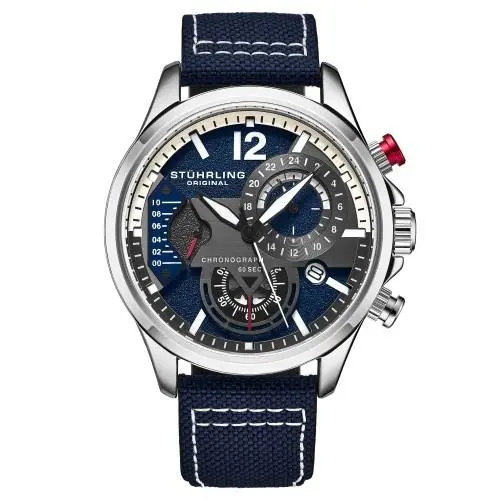 Stuhrling 908 02 Aviator Quartz Chronograph Date Blue Leather Mens Watch