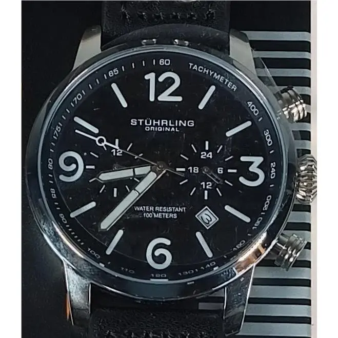Stuhrling 3956 2 Aviator Chronograph Date Black Leather Strap Mens Watch