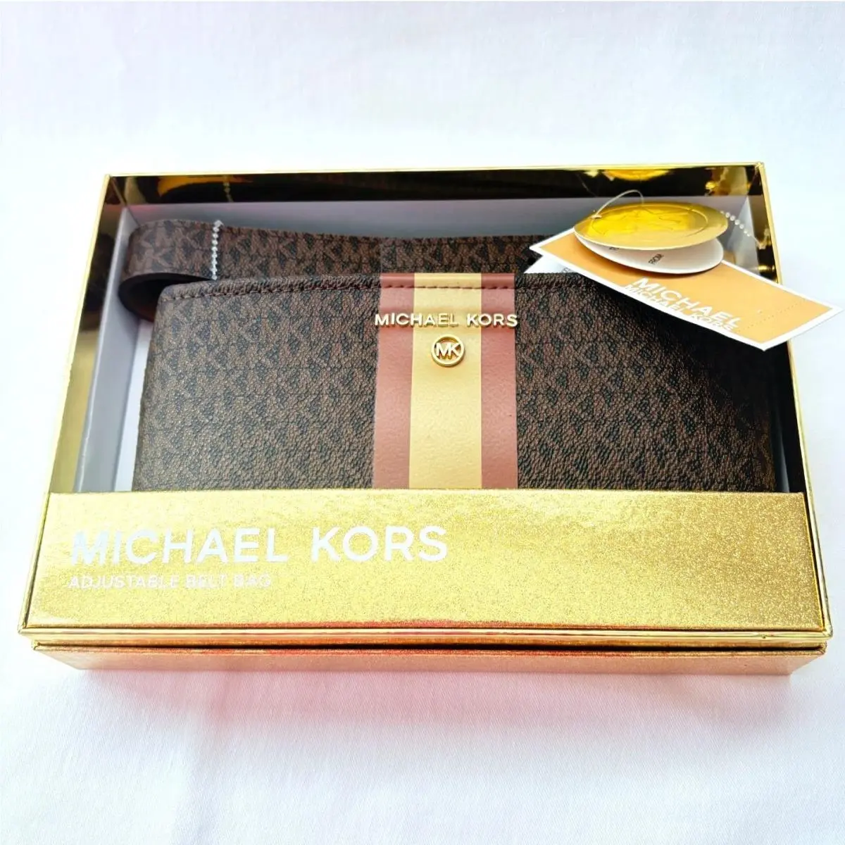 Michael Kors Logo Adjustable L/xl Belt Bag w/ Stripe Brown Gift Box