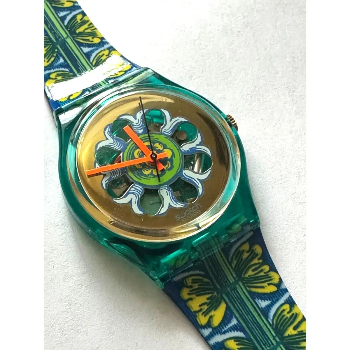 Swatch Watch 1993 Transparent Face Orange Hands Green Gold Collectable