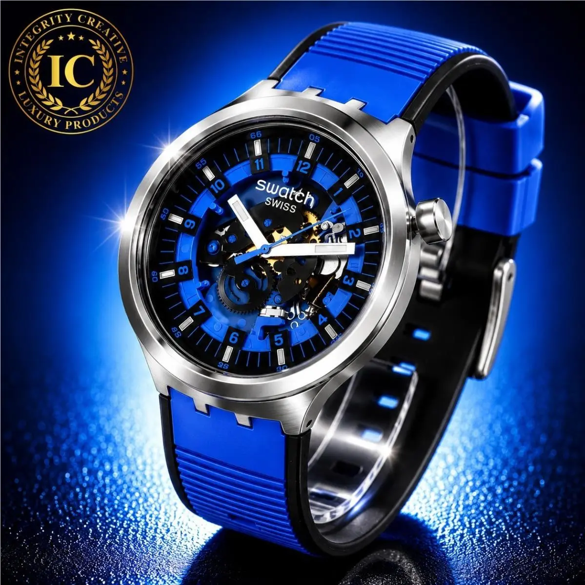 Swatch Watch Big Bold Irony Azure Blue Black Dial Daze Unisex Water Resistant - Dial: Black, Band: Blue, Bezel: Blue