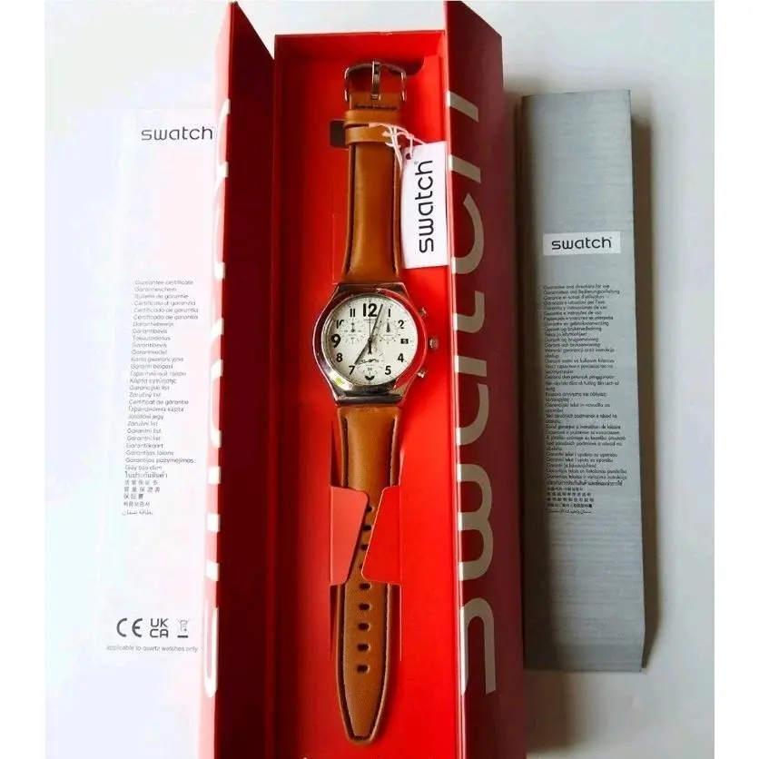 Swatch Irony Chronograph YVS408 Leblon Brown Leather Watch 43mm Quartz