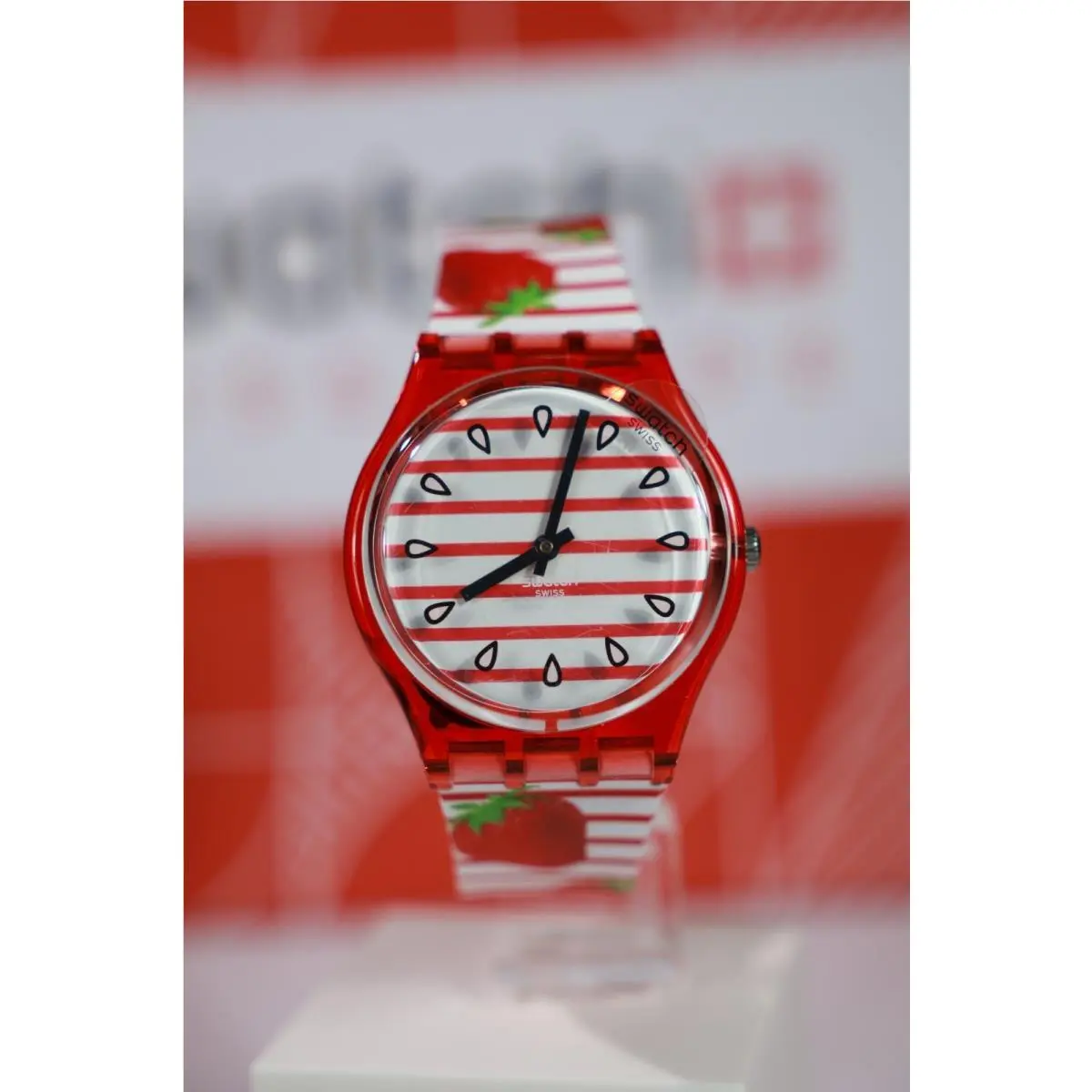 Swiss Swatch Originals Toile Fraisee Strawberry Red White Watch GR177 34MM
