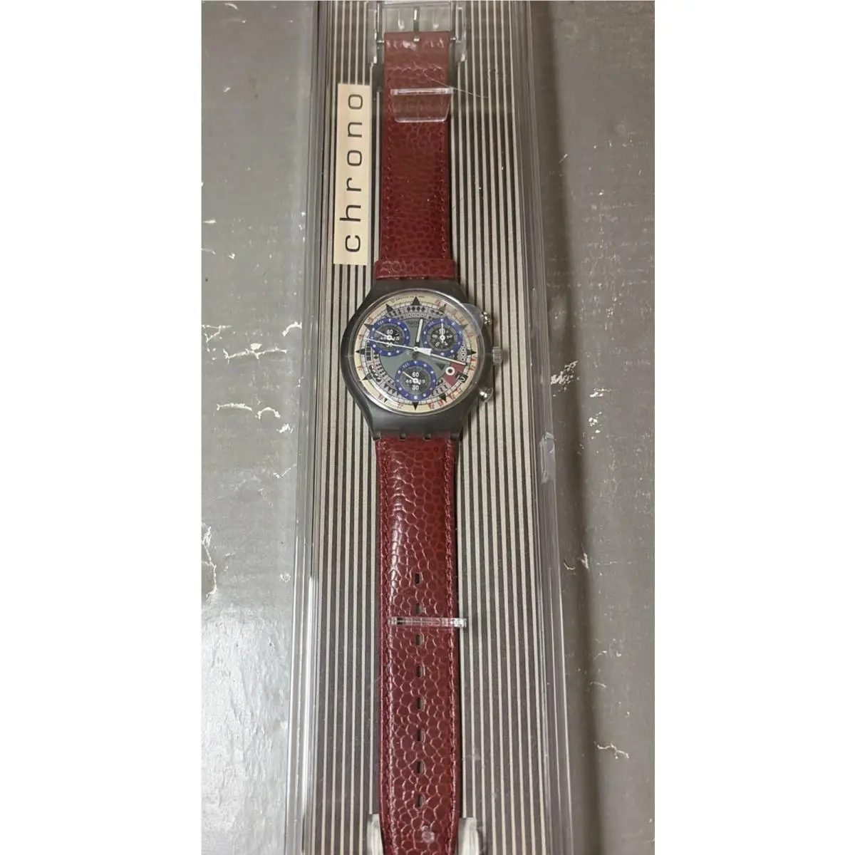 Vintage Swatch Swiss Chrono Watch-1992-leather Band-new In Case-sweet