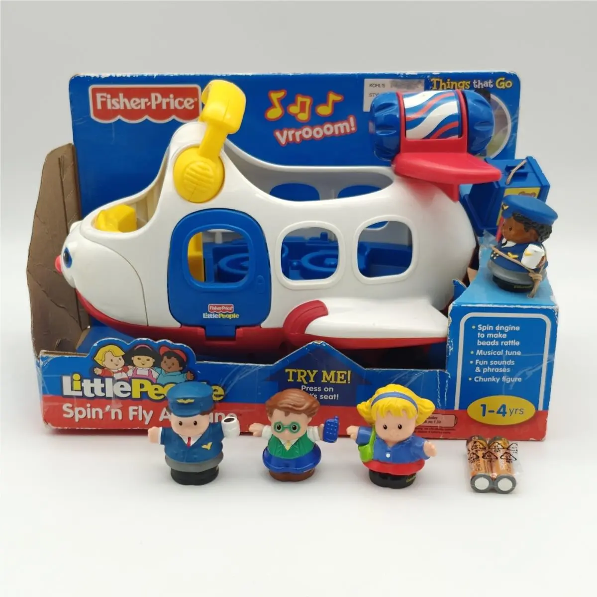 2009 Fisher Price Little People Spin’n Fly Airplane Toy W/ Extra Figures Battery