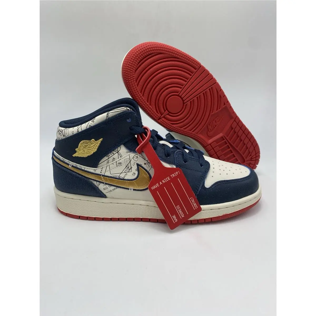 Nike Air Jordan 1 Mid SE GS Armory Navy Gold Red White FN1353 400 Size 7Y