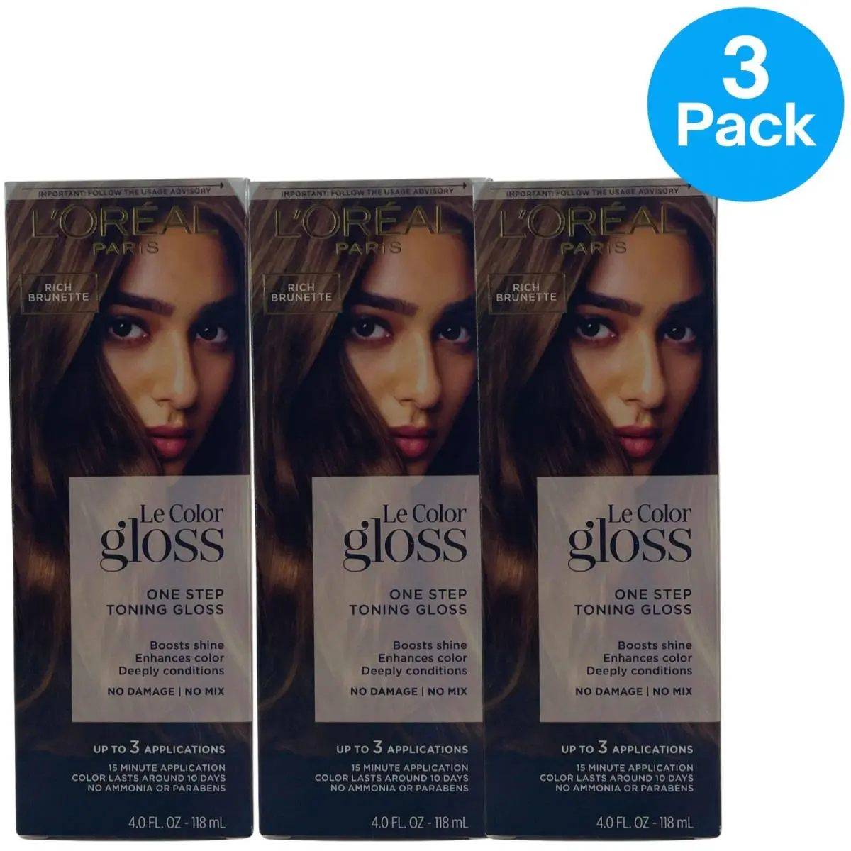 L`oreal Paris Le Color Gloss One Step Toning Gloss Rich Brunette 4.0oz 3 Pack Ne