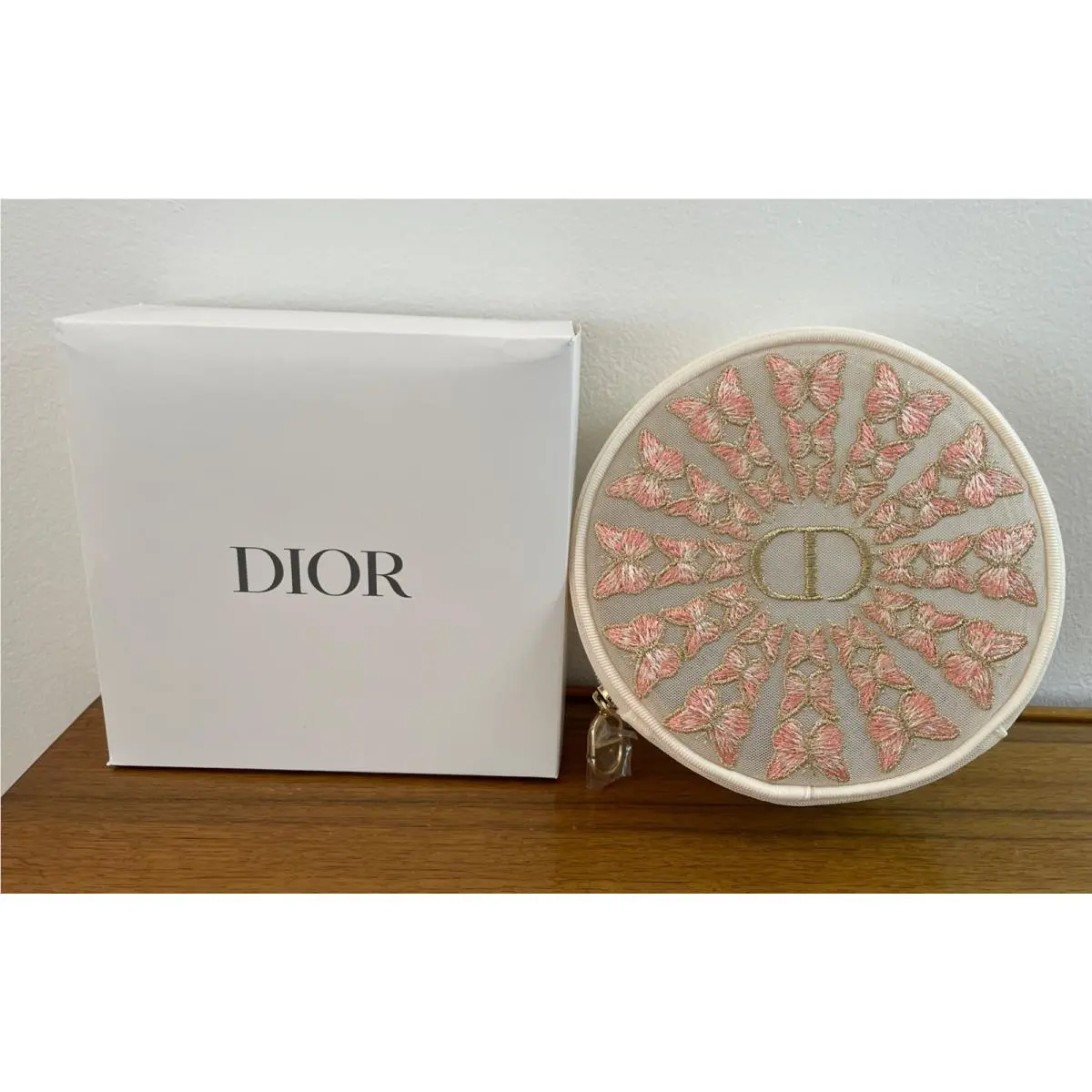 Dior Butterfly Mesh Makeup Bag Round Pink Embroidered Pouch