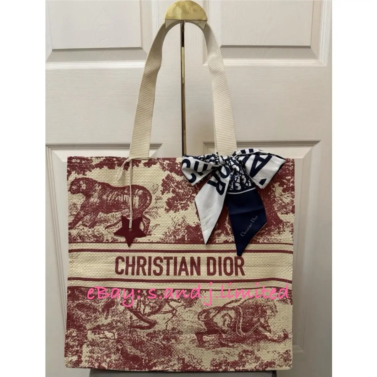 Dior Beauty Gift Gwp Red / Maroon Beige Straw Tote Bag Large NO Twilly