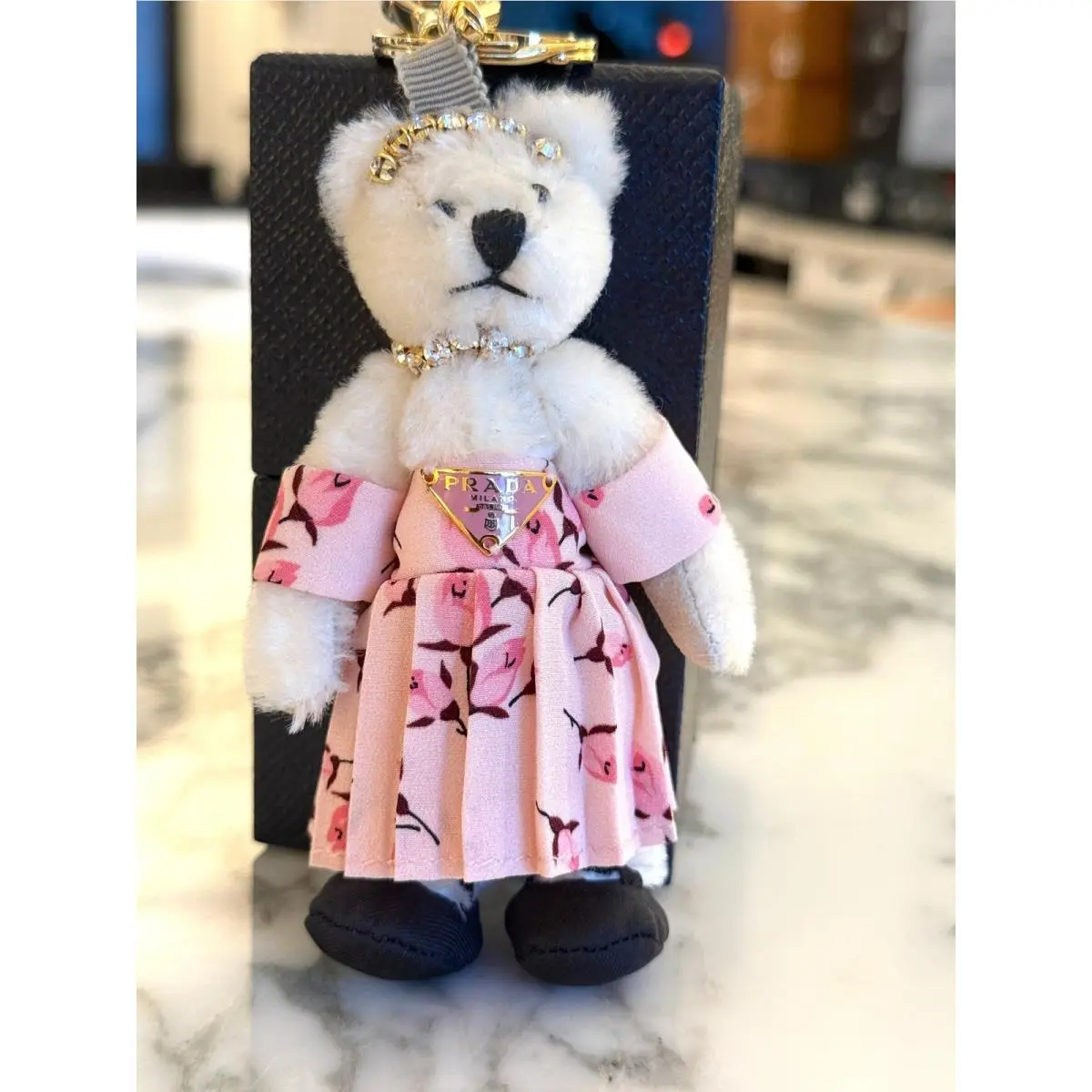 Trick Orsetto Mary Rose Bear Keychain Charm Bianco Pink Floral 1TR046 by Prada
