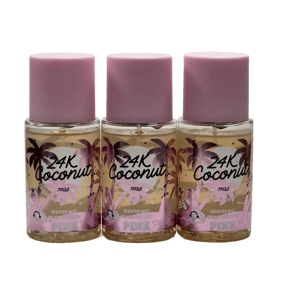 3 Victoria`s Secret Pink 24K Coconut Scented Mist 2.5 FL OZ Travel Size Spray