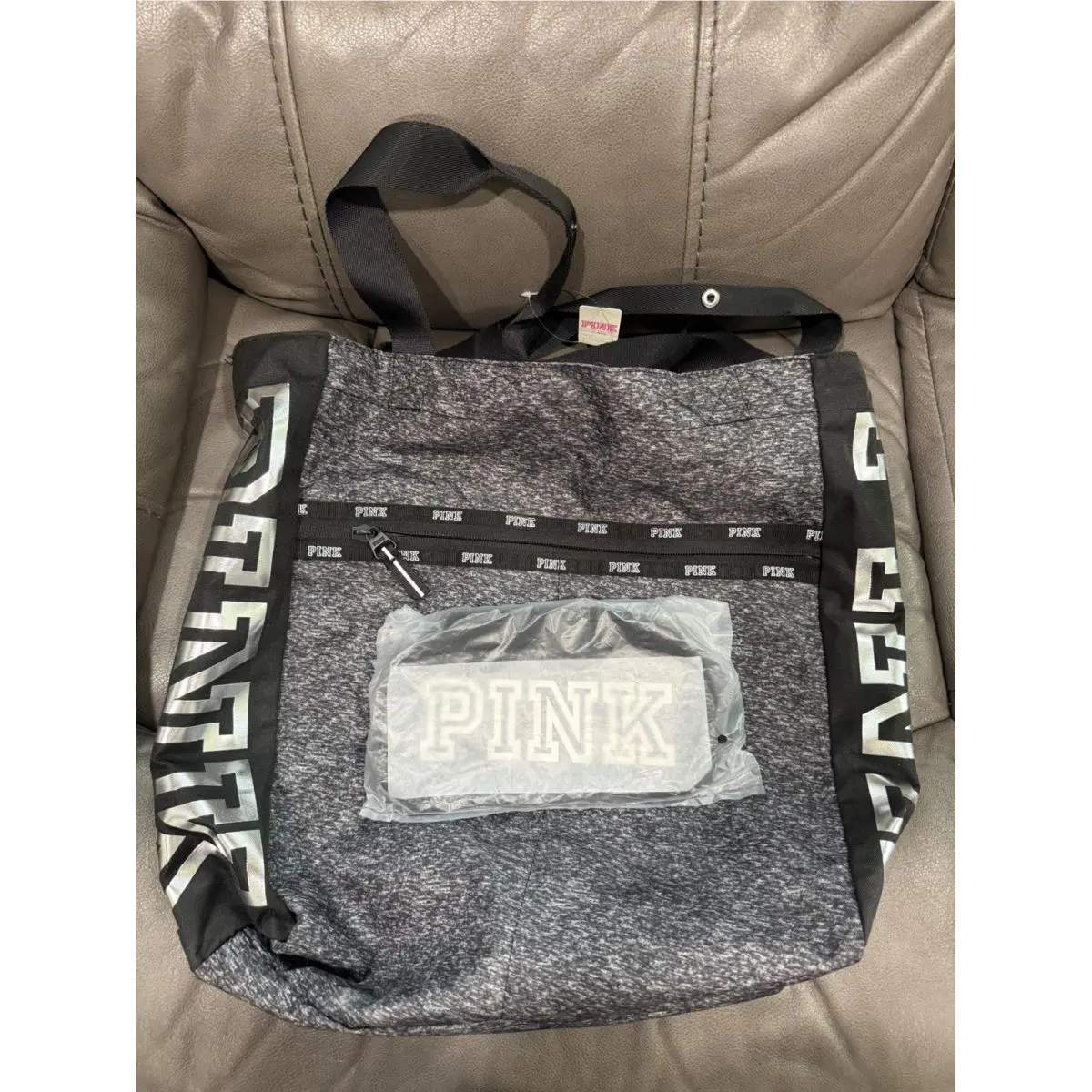 Victoria`s Secret Pink Gray Marl Tote Bag Metallic Silver Logo Zip Topwith Pouch