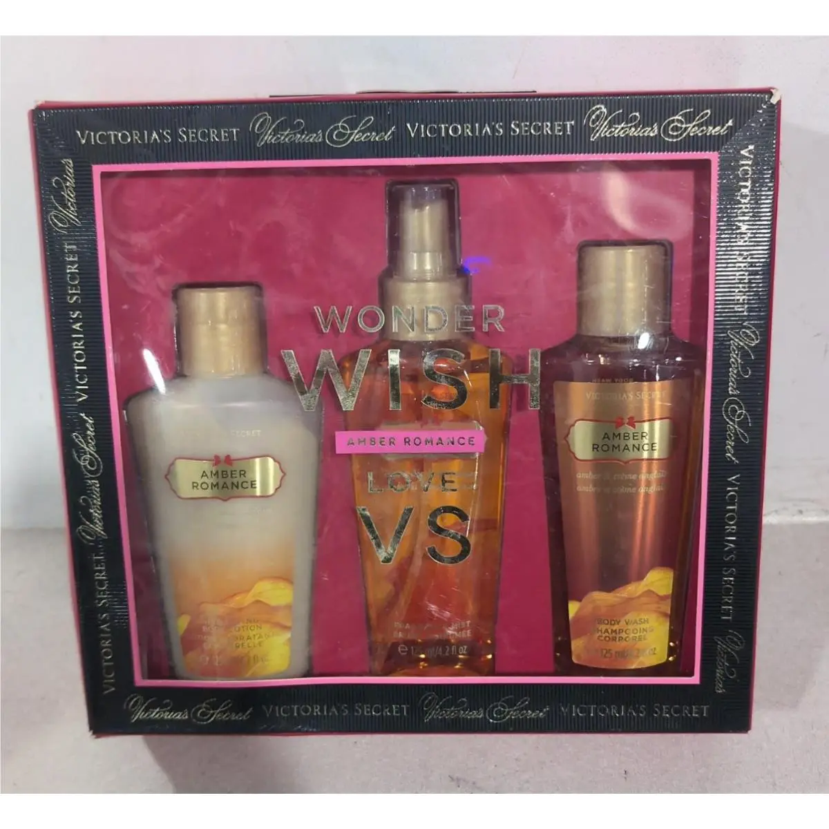 Victoria`s Secret Amber Romance Perfume Mist Body Wash Lotion 4.2oz 125ml 3X Set