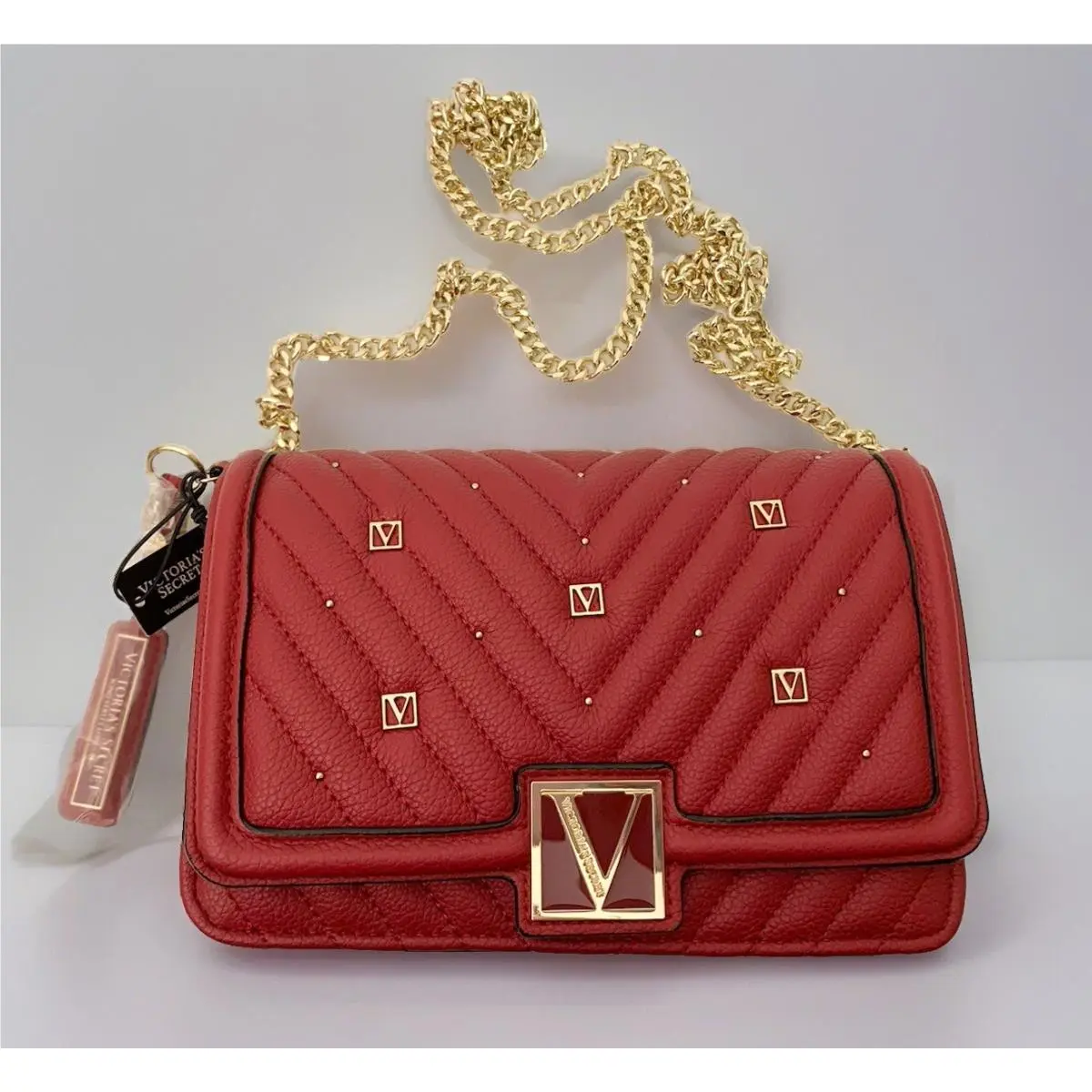 Victoria’s Secret Red Purse Handbag Tote Gold Crossbody Strap Mirror Studded