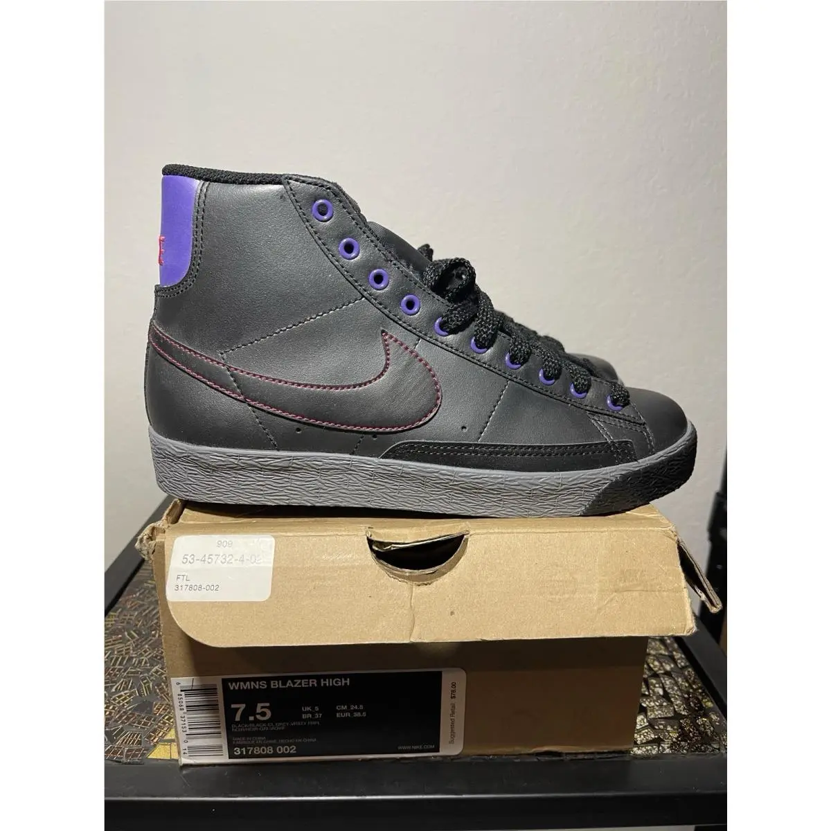 Nike Blazer High Black/grey/varsity Purple 317808-002 Size 7.5 - Women’s