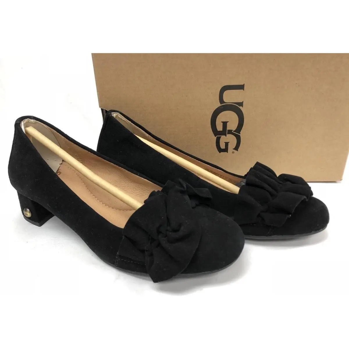 Ugg 2018 Black Suede Fifi Ruffle Block Heels Shoes Women`s 1092281 Size 5