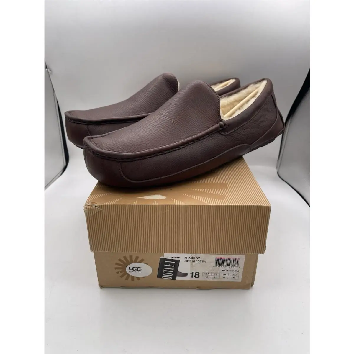 Ugg Shoes China Tea Brown Ascot Leather Shearling Slippers Loafers Men US Sz 18