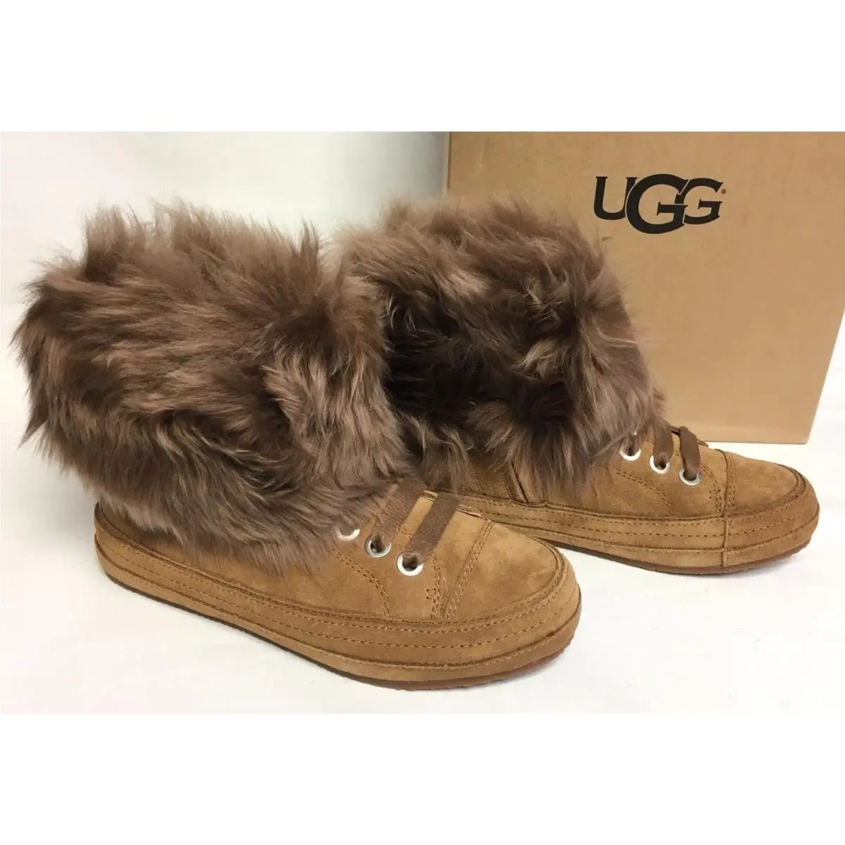 Ugg Boot Sneaker Antoine Fur Chestnut 1019110 Side Zip Lace Up Shoe Size 5.5