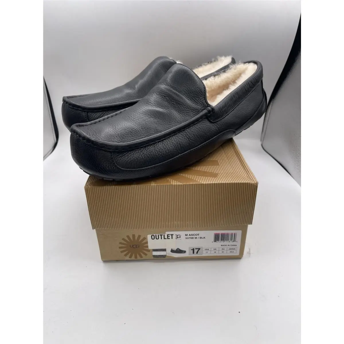 Ugg Shoes Black Ascot Leather Shearling Slippers Loafers Mens US Size 17/ EU 51