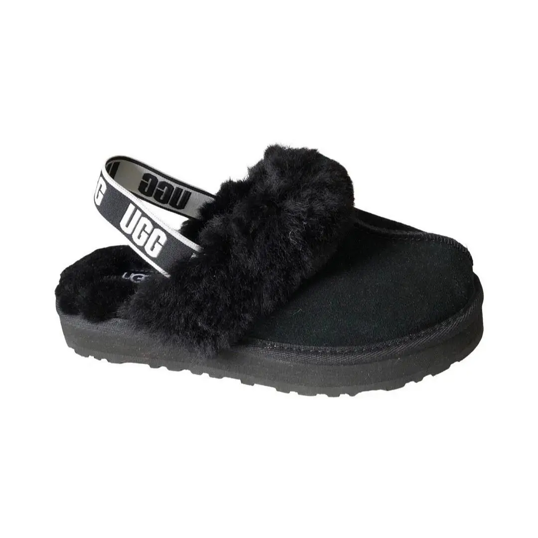 Ugg Kid`s Funkette Black Suede Slingback Slippers Shoes Size Kid`s 3 / Women`s 5