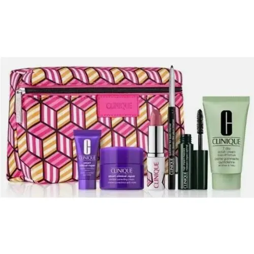 Clinique 7pc Gift Set Smart Wrinkle Serum Cream Quickliner Lipstick Scrub