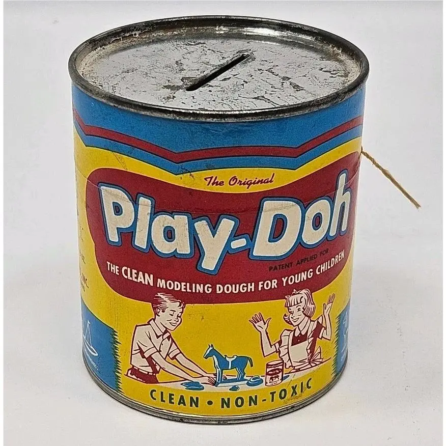 Vintage 1950s Play-doh Metal Can Coin Bank - Rainbow Crafts Dough Label