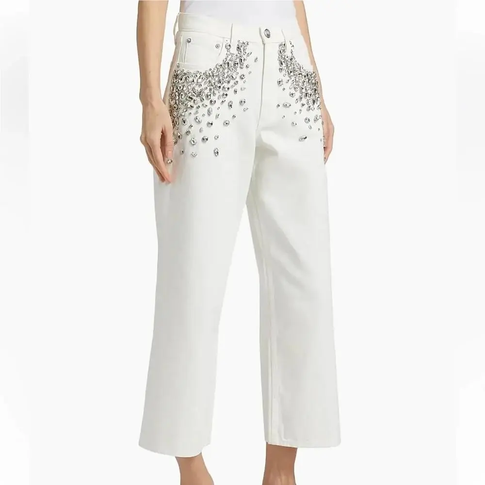 Rag Bone Andi Embellished High Rise Ankle Wide Leg Jeans 28 White Jewel