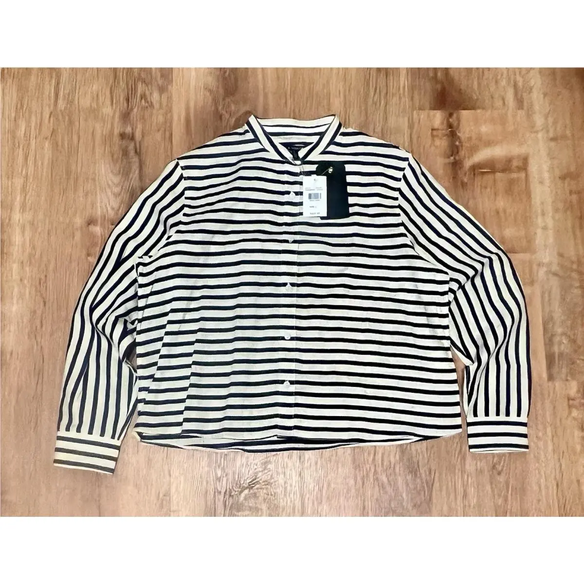 Rag Bone/jean Crop Leeds Blue Stripe Long Sleeve Linen Shirt Women`s Large
