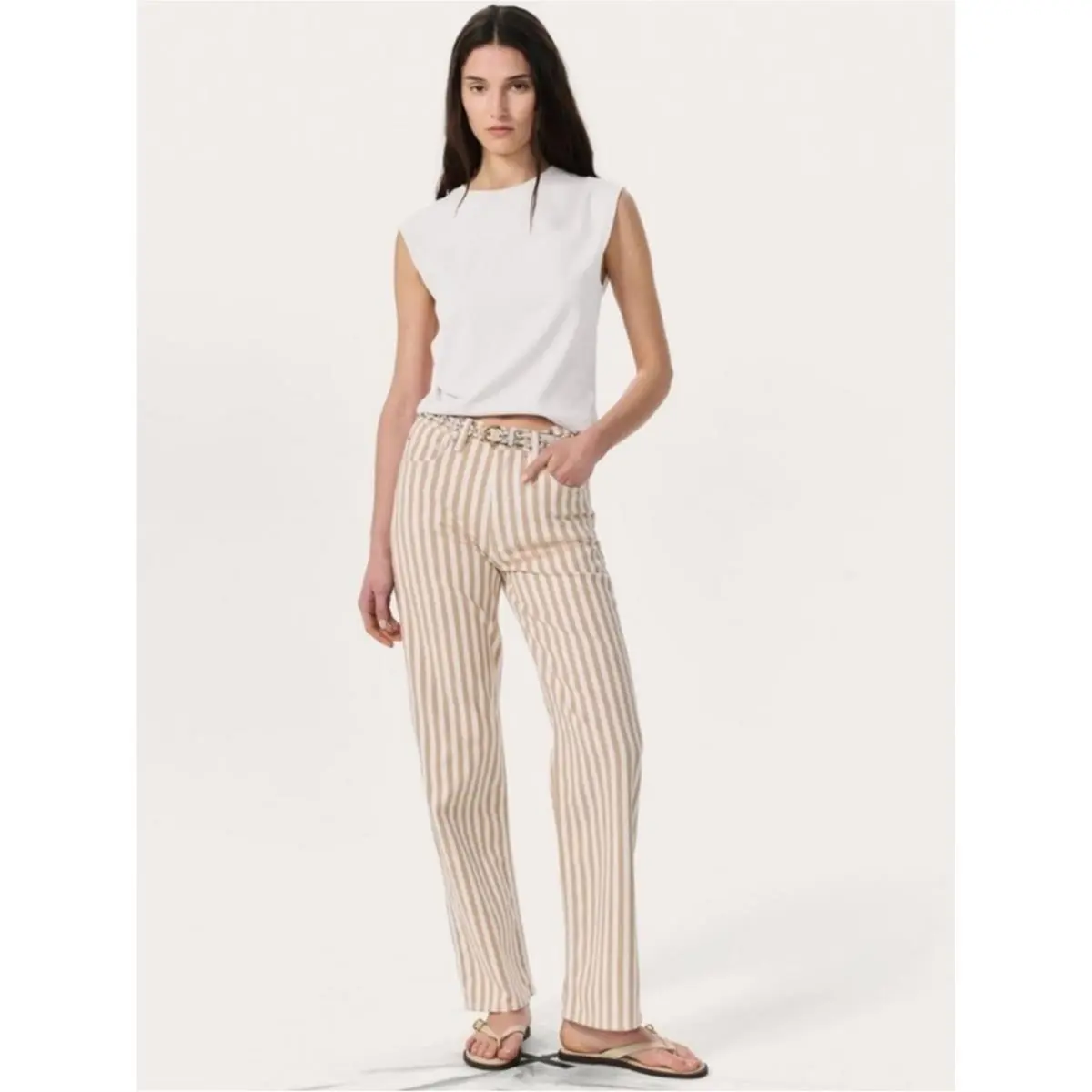 Rag Bone Tan Off White Striped High Rise Relaxed Straight Leg Size 23