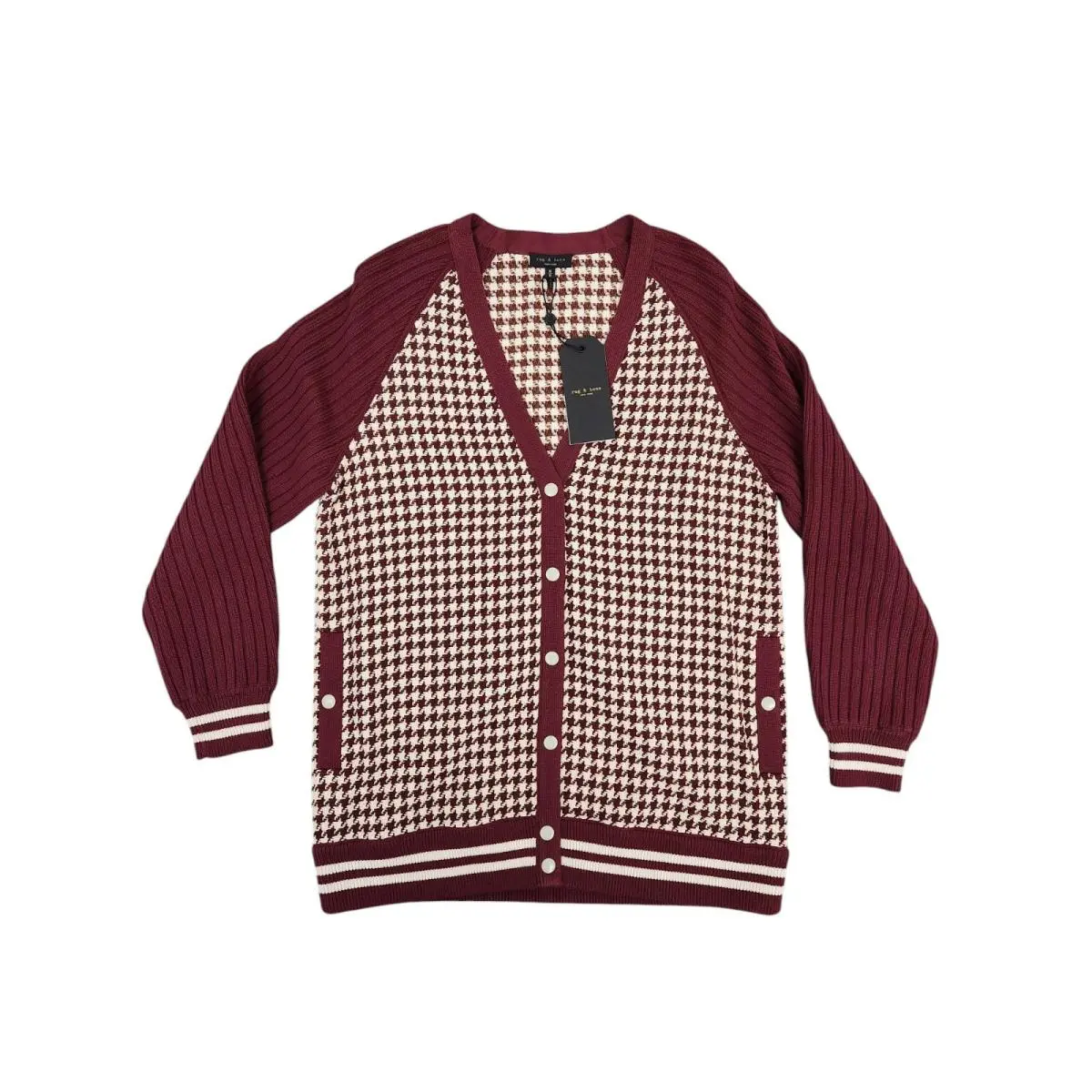 Rag Bone Courtney Burgundy Houndstooth Cardigan Women`s Size Medium