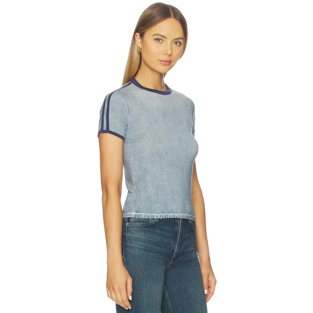 Rag Bone M Miramar Track Baby Tee Coney Wash Digital Print Denim Stretch