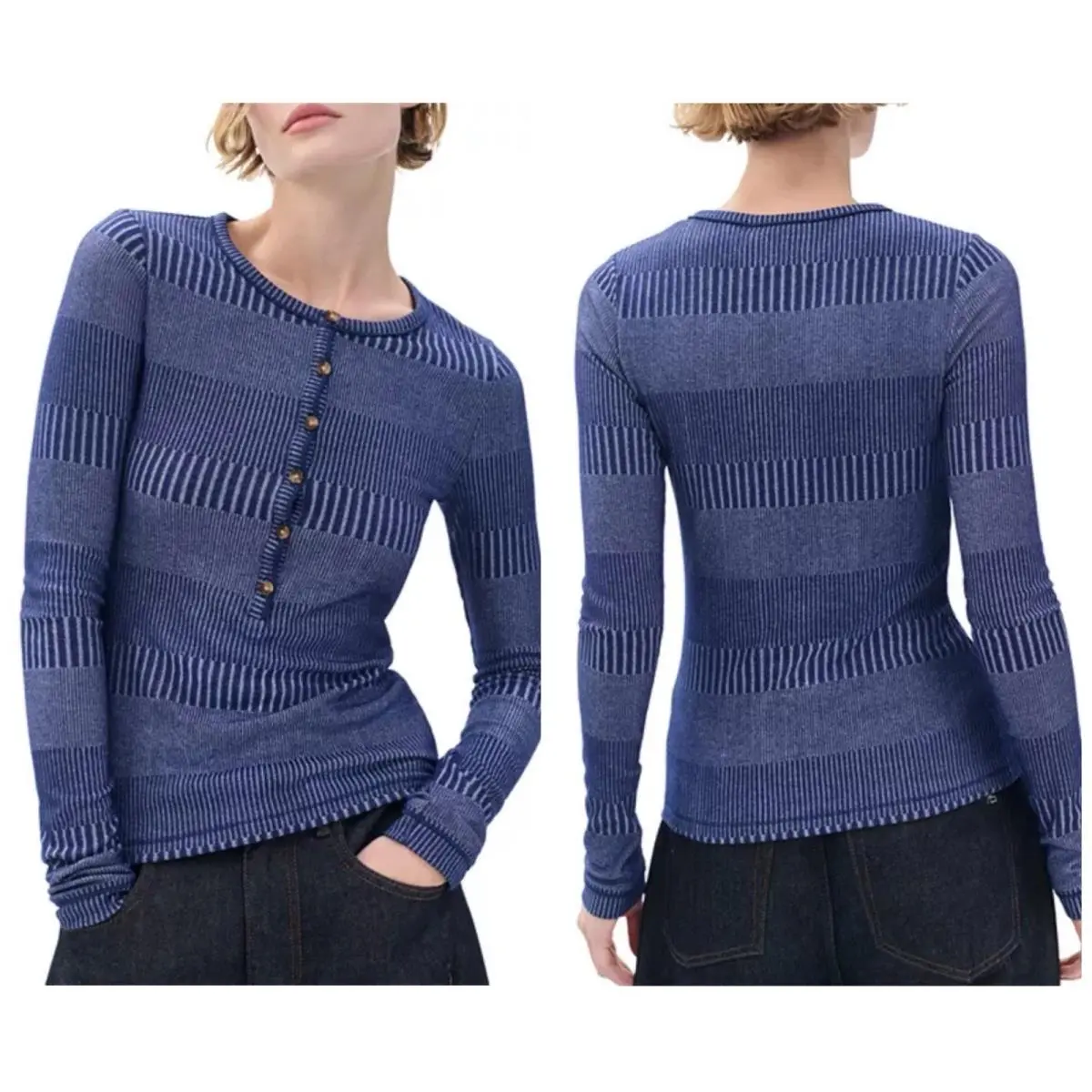 Rag Bone The Knit 2Tone Rib Henley In Sky Blue Multi Size: Large
