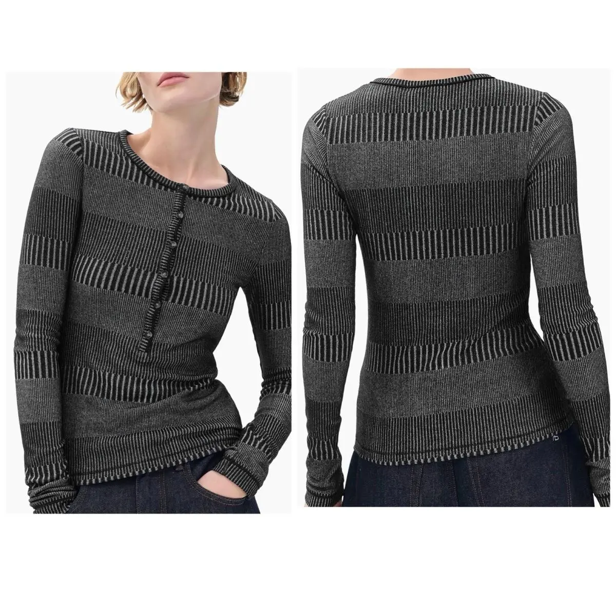 Rag Bone The Knit 2Tone Rib Henley In Black Milti Size: Xxs