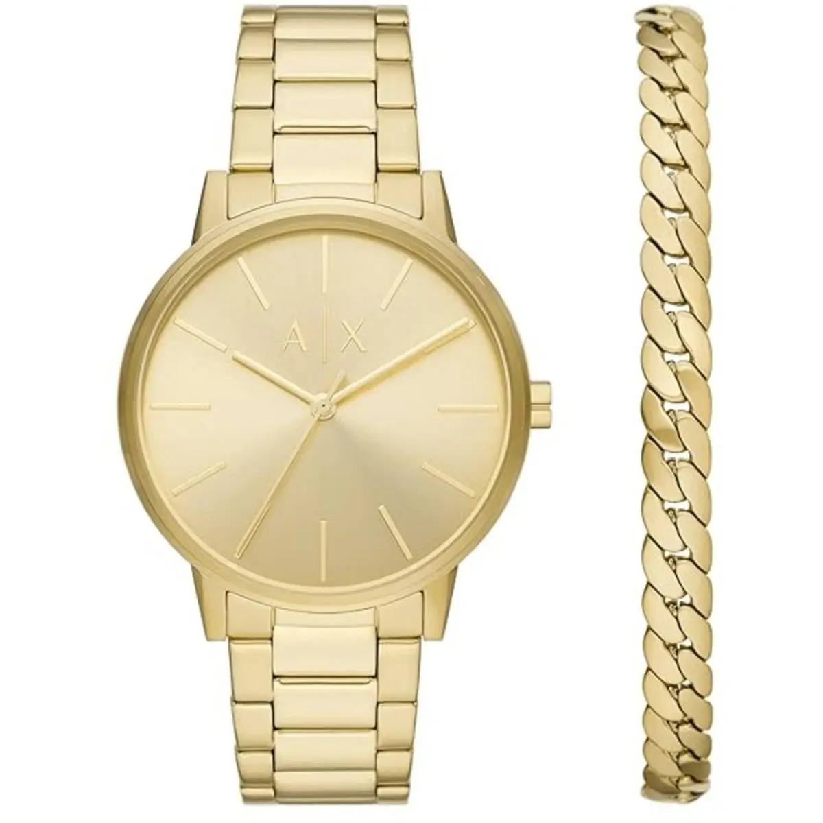 Armani Exchange Men`s Watch Set Cayde Quartz Gold Tone Dial Bracelet AX7144SET