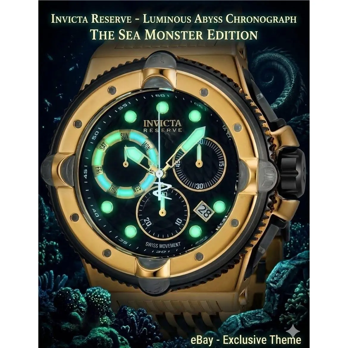Invicta Reserve Sea Monster 56mm Swiss Movement Chrono Luminous Dial Men`s Watch