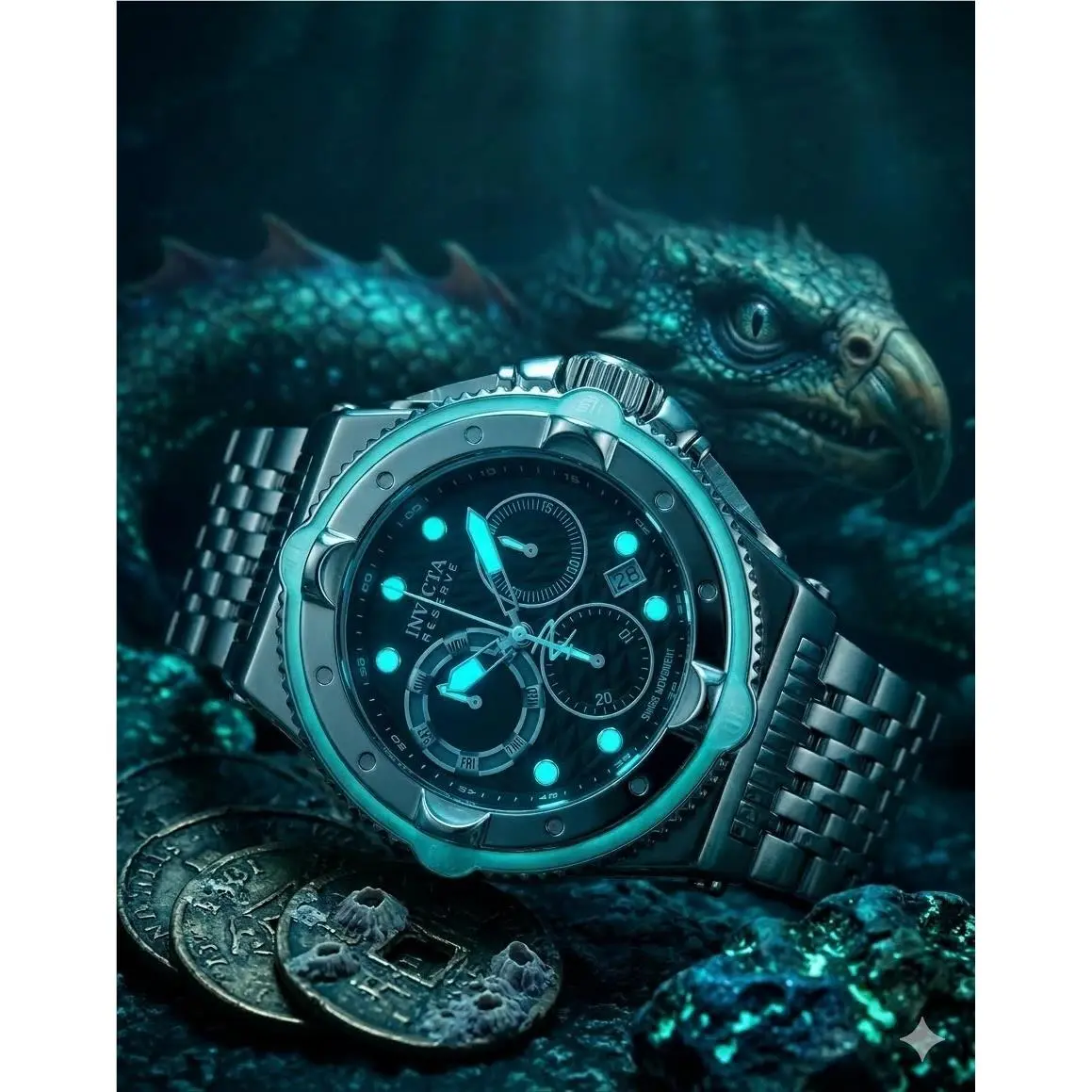 Invicta Reserve Sea Monster 56mm Swiss Movement Chrono Luminous Dial Men`s Watch