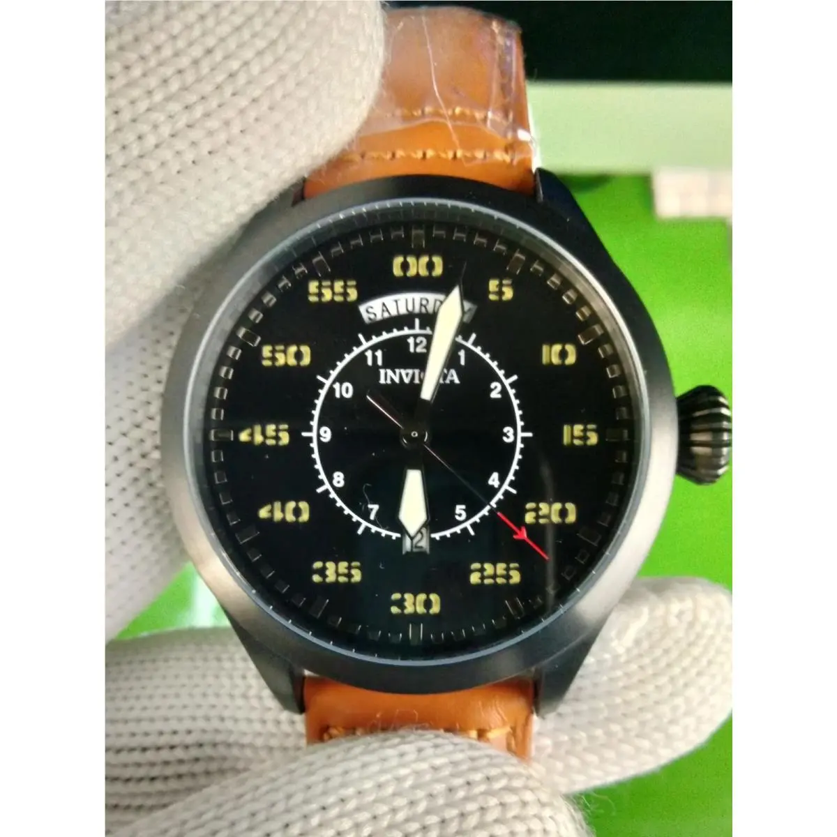 Invicta Aviator 22974 Men Black Case Dial Tan Leather Strap Quartz Watch 45 mm
