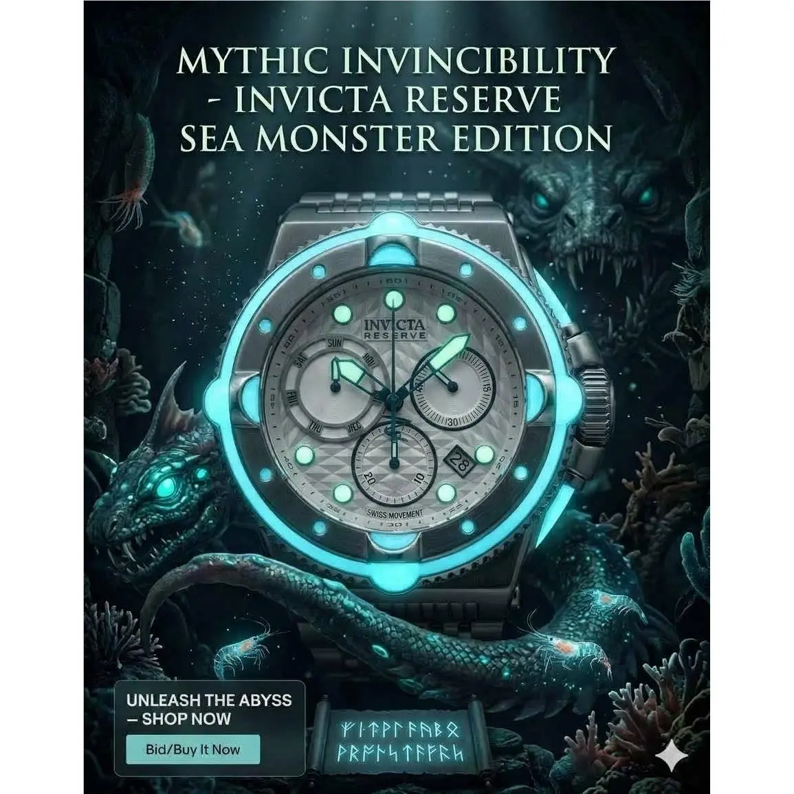 Invicta Reserve Sea Monster 56mm Swiss Movement Chrono Luminous Dial Men`s Watch