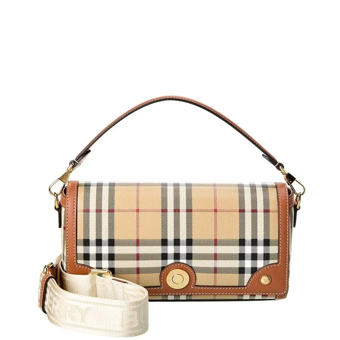 Burberry Check Canvas Leather Shoulder Bag Women`s Brown