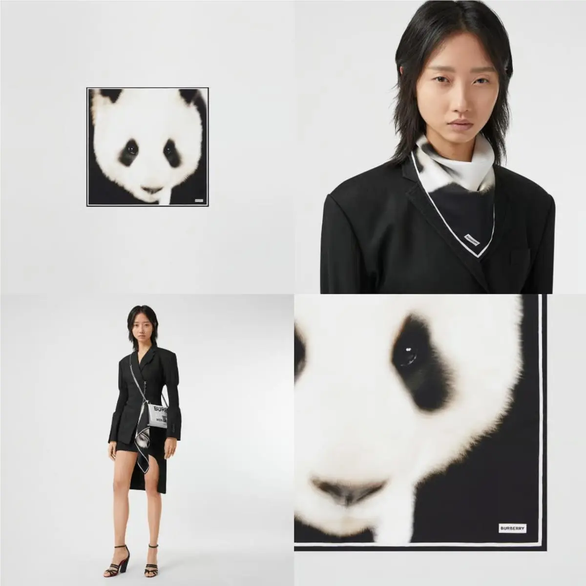 Burberry Uni White / Black Panda Silk Small Square Bag Scarf